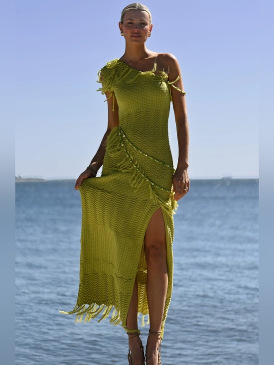 Yellow The Label Dresses & Skirts - Yllw Frida beaded asymmetrical neck fringe trim slit maxi dress chartreuse XS
